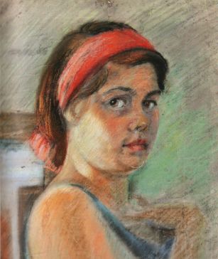 Н.А. Малышева. Автопортрет. 1940-е гг.  Цветной карандаш, пастель.