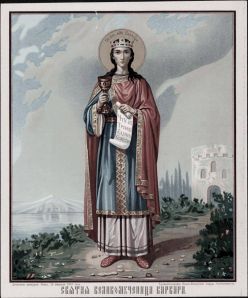 Святая великомученица Варвара. Середина XIX в. 20,4 х 17,2. Дерево, шелк, масло. ОМИИ
