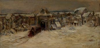 А.М. Васнецов. Старый Псков. Не ранее 1908 г. Картон, масло. 19,3х38,6 см. ОМИИ