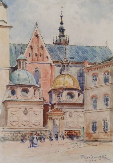«У стен храма» («Вавельский собор в Кракове». 1910.  Бумага, графитный карандаш, акварель