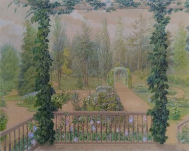 Н.И. Жерен «Вид с террасы, обвитой плющом». 1853.  Картон, гуашь, акварель, белила, итальянский карандаш.  Государственная Третьяковская галерея