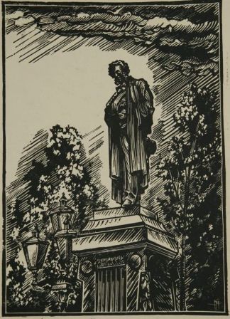 Мищенко А.И. Памятник А.С. Пушкину в Москве.   Бумага, линогравюра. 29,5х21. ОМИИ. Инв. №: 1694. 