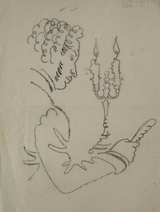   &nbsp;&nbsp;  Кузьмин Н.В.&nbsp;  &laquo;Пушкин пишет при свечах&raquo;.&nbsp;  Иллюстрация к стихотворению&nbsp;  &laquo;К Чаадаеву&raquo;, 1959  Бумага, тушь, перо