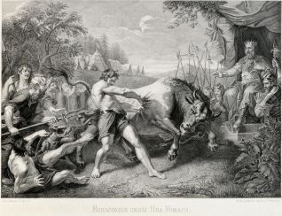 И.П. Пожалостин (гравер), Г.И. Угрюмов (автор живописного оригинала 1796 г.).  Испытание силы Яна Усмаря. 1880. Бумага, офорт, резец. 56,6х74,5; 59,5х79,2.  ОМИИ. Инв. №: Г-19