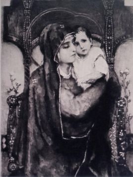 М.В. Рундальцов (с оригинала В.М. Васнецова 1882 г.). Богоматерь с Младенцем на троне.  Конец XIX – начало ХХ вв. Бумага на бумаге; офорт.   Лист: 89,5х63; изображение: 59х26. ОМИИ.